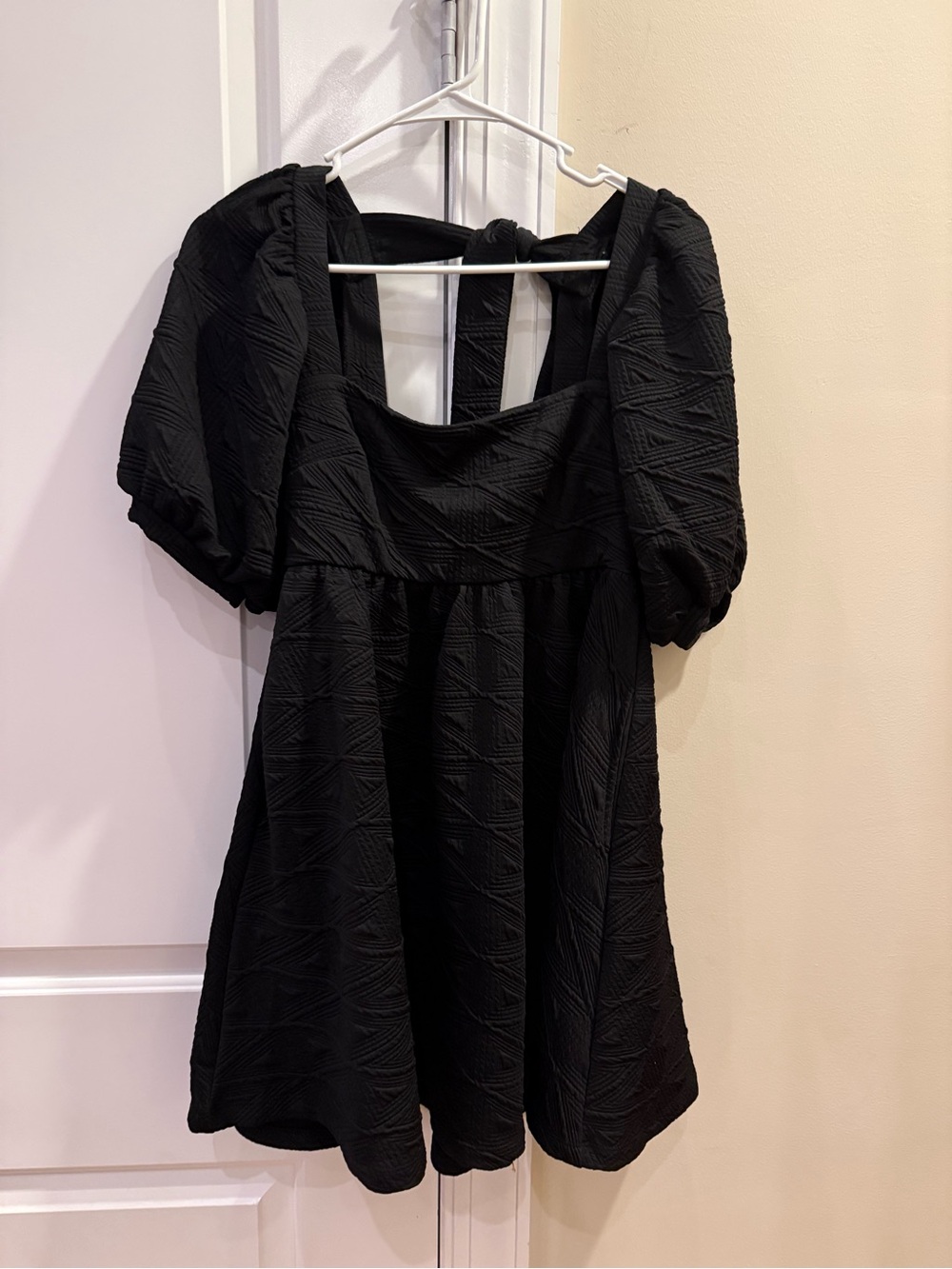 Free People Black Textured Puff-Sleeve Mini Dress